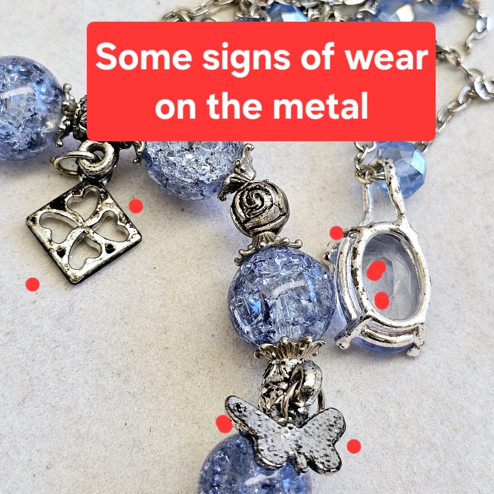 SET Blue Bead Silvertone Necklace with Blue Crackle Glass Stretch Bracelet - Picture 11 of 16